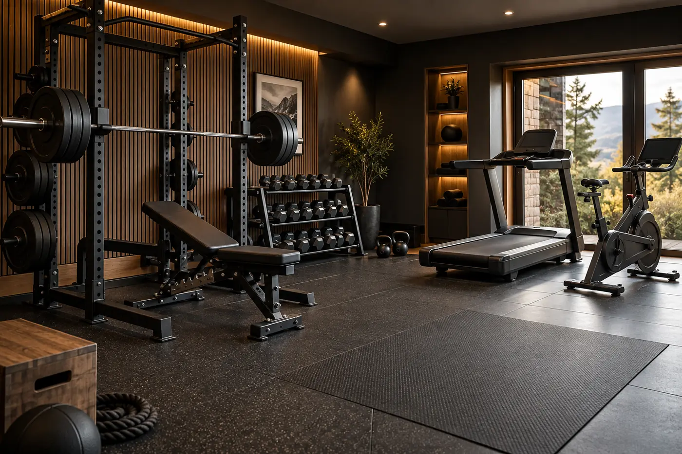 Premium strength training and cardio equipment in a home gym